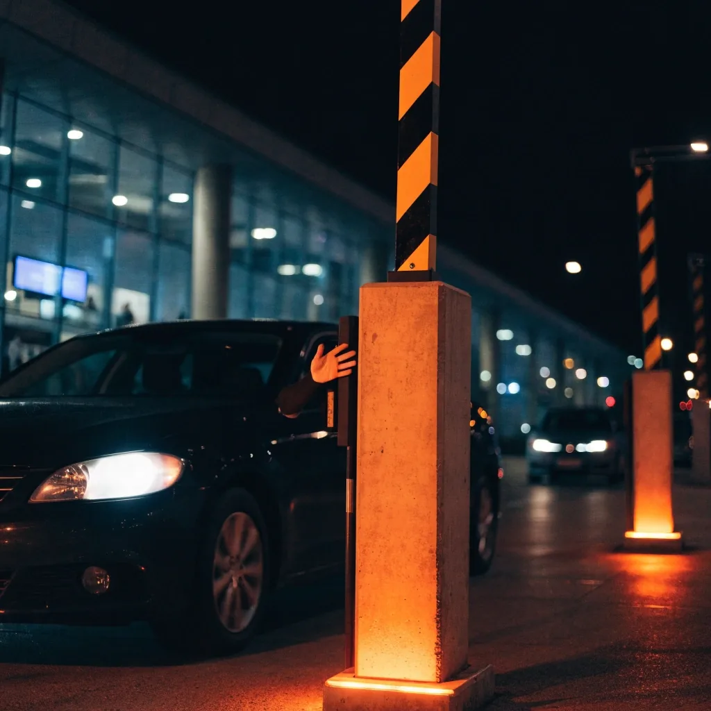 Boom gate raised at a Melbourne Airport car park entry at night