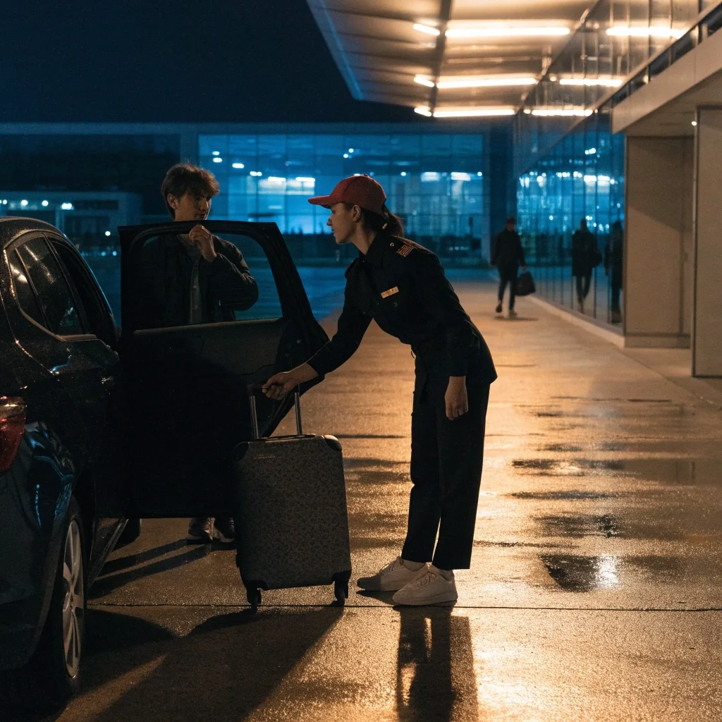 Pedestrian walkway between car park and terminal at night