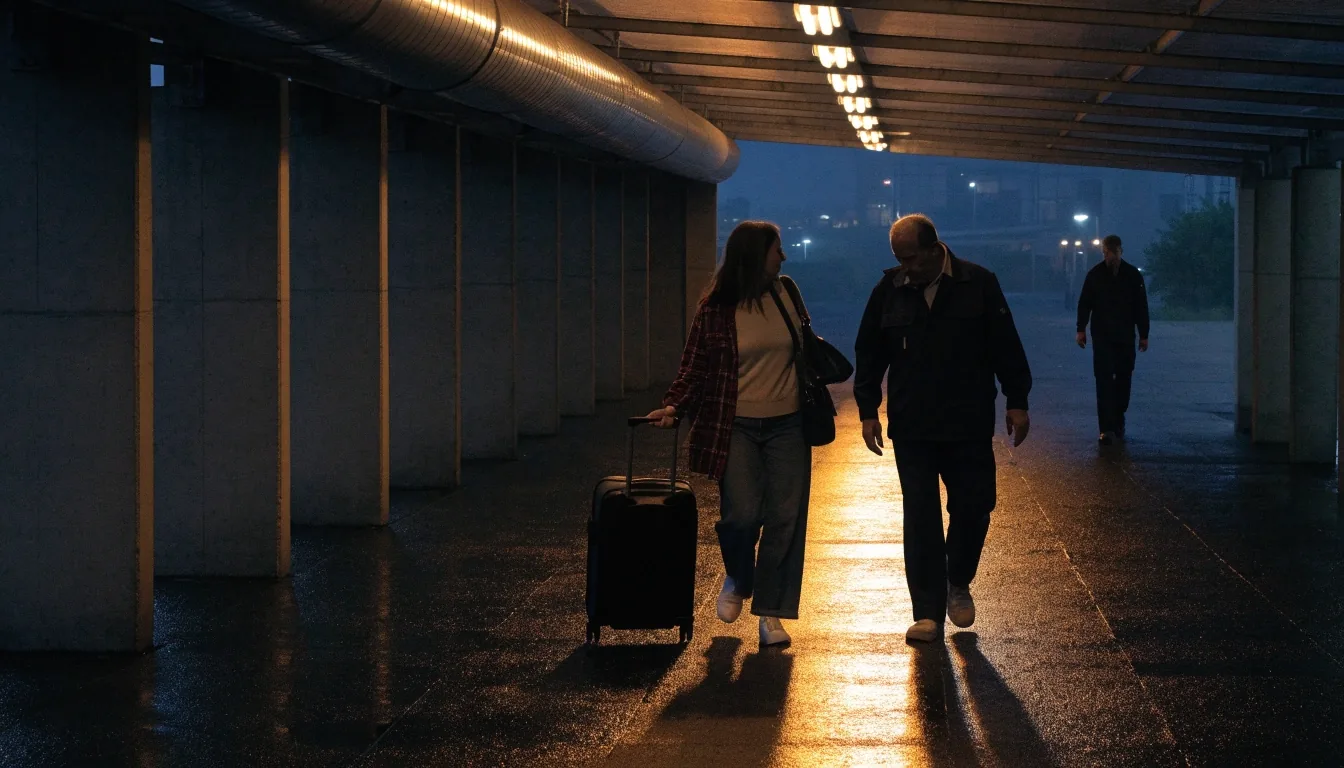 Covered pedestrian walkway between the car park and terminal at night
