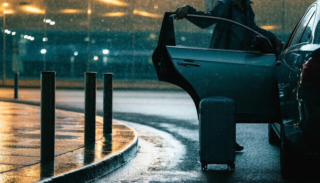 Departures kerb outside Terminal 2 at night in rain