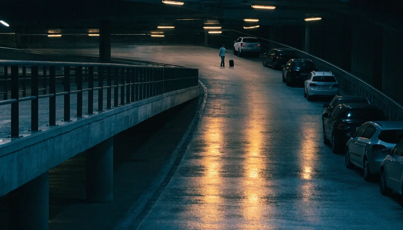 Interior ramp of the terminal car park at night