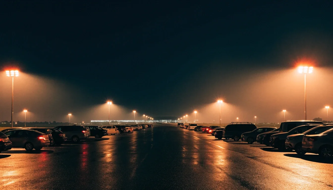 Open value parking area at the airport edge at night
