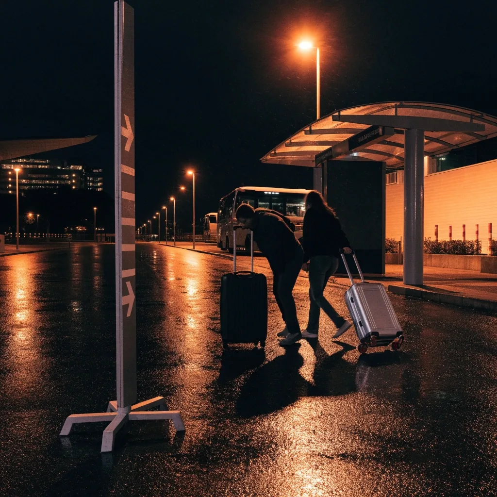 Terminal car park facade across a wet road at night
