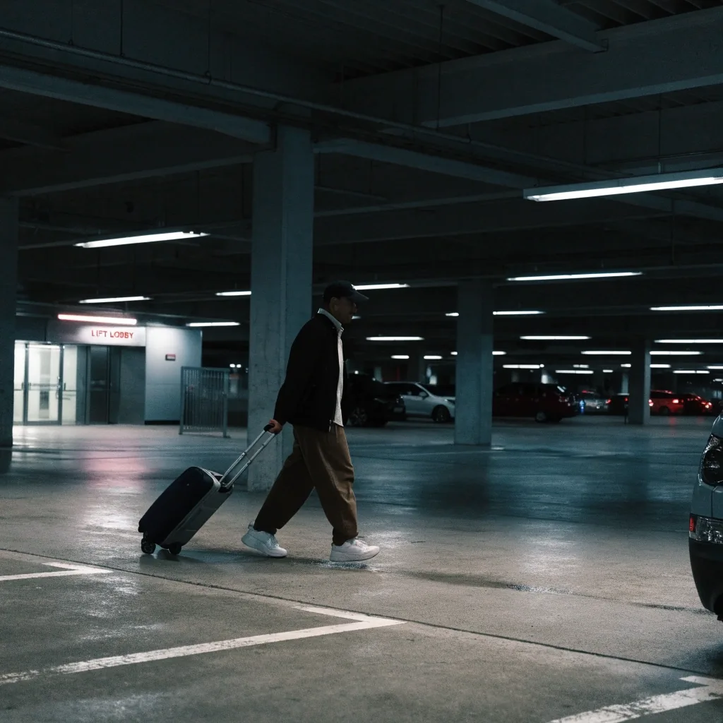 Departures kerb at night with wet reflections
