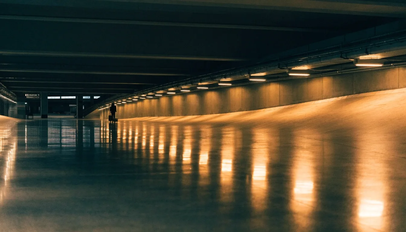 Lit ramp inside the terminal car park at night