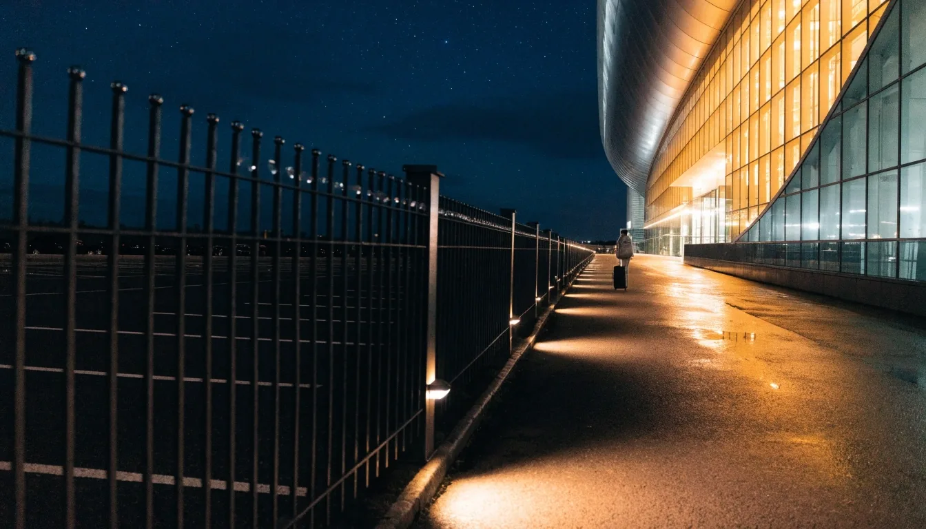 Pedestrian walkway between car park and terminal at night