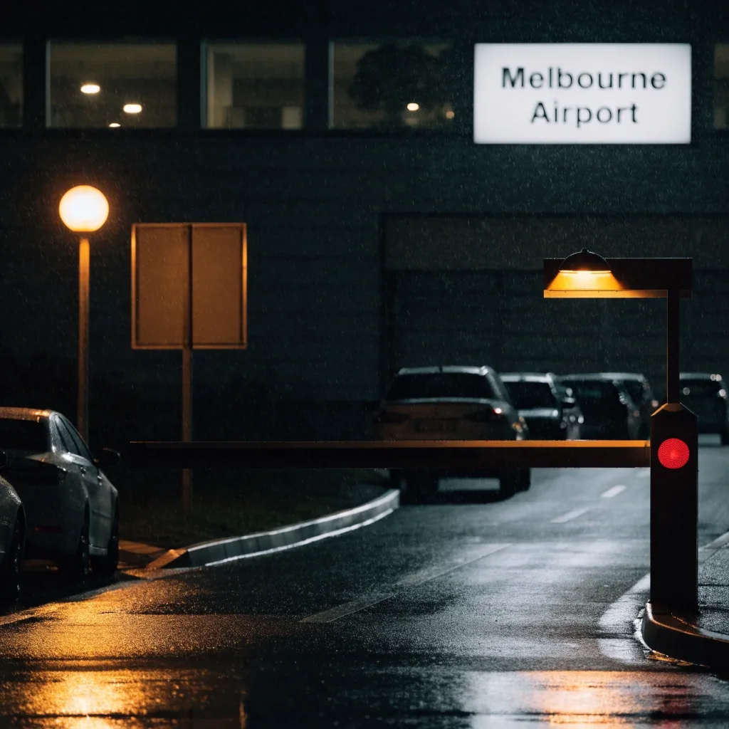 Terminal car park facade at Melbourne Airport at night under rain