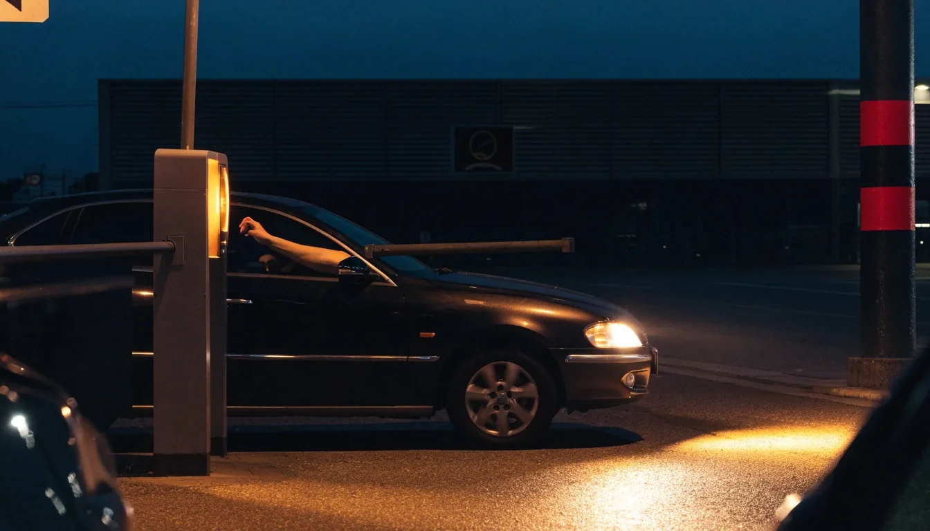 Boom gate lifting at a Melbourne Airport car park entry at night