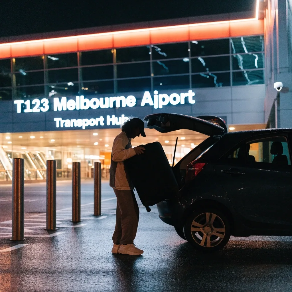 Pick-up and drop-off kerb at Melbourne Airport at night