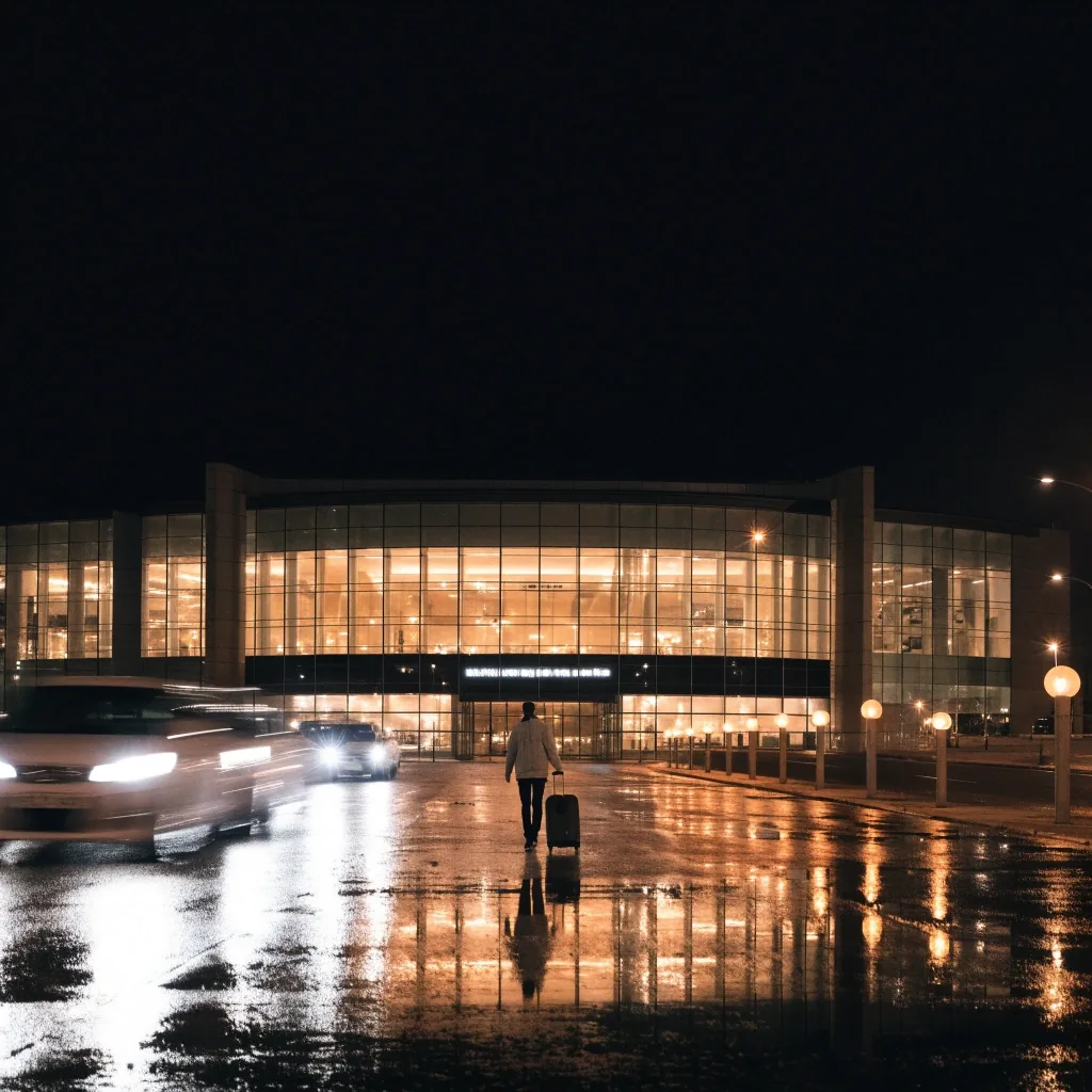 Terminal car park facade at Melbourne Airport at night after rain