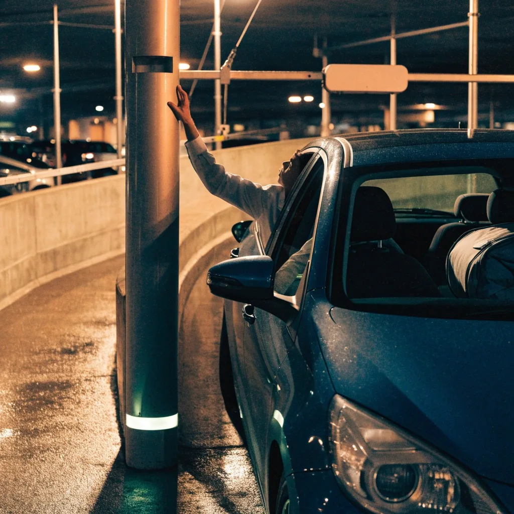 Interior ramp of Melbourne Airport terminal car park at night