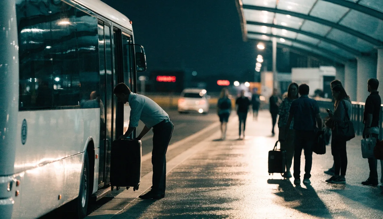 Departures kerb at Melbourne Airport at night in rain