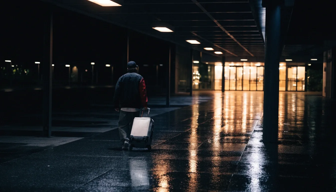 Walkway between car park and terminal at night