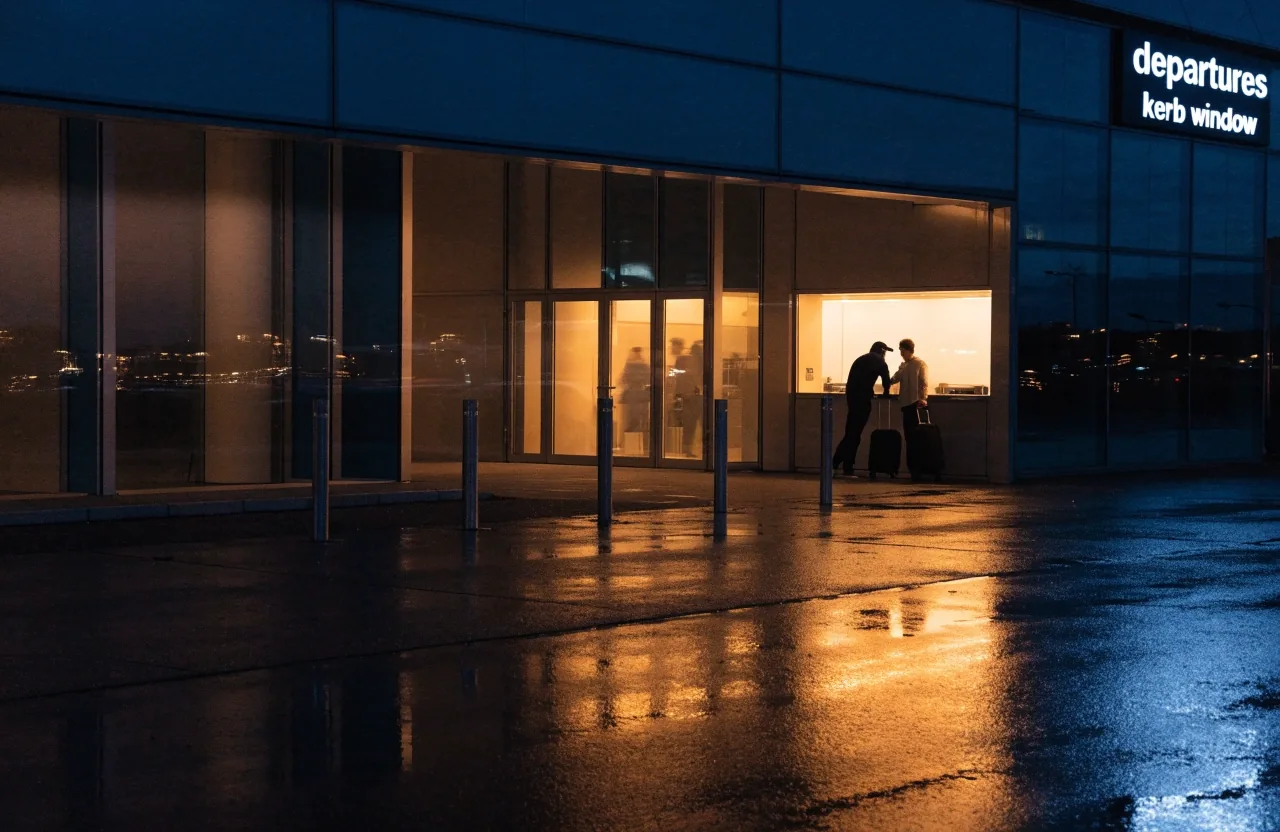 Departures kerb at night with wet reflections and terminal lighting
