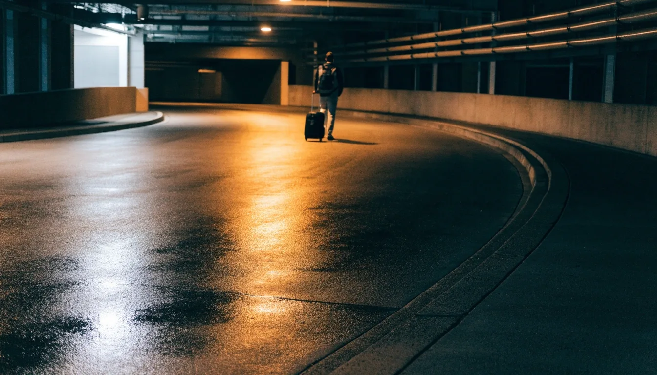 Interior ramp of the terminal car park at night with warm lighting