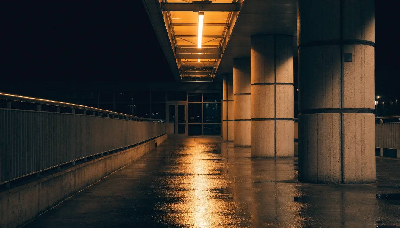 Night pedestrian walkway between the car park and terminal at Melbourne Airport