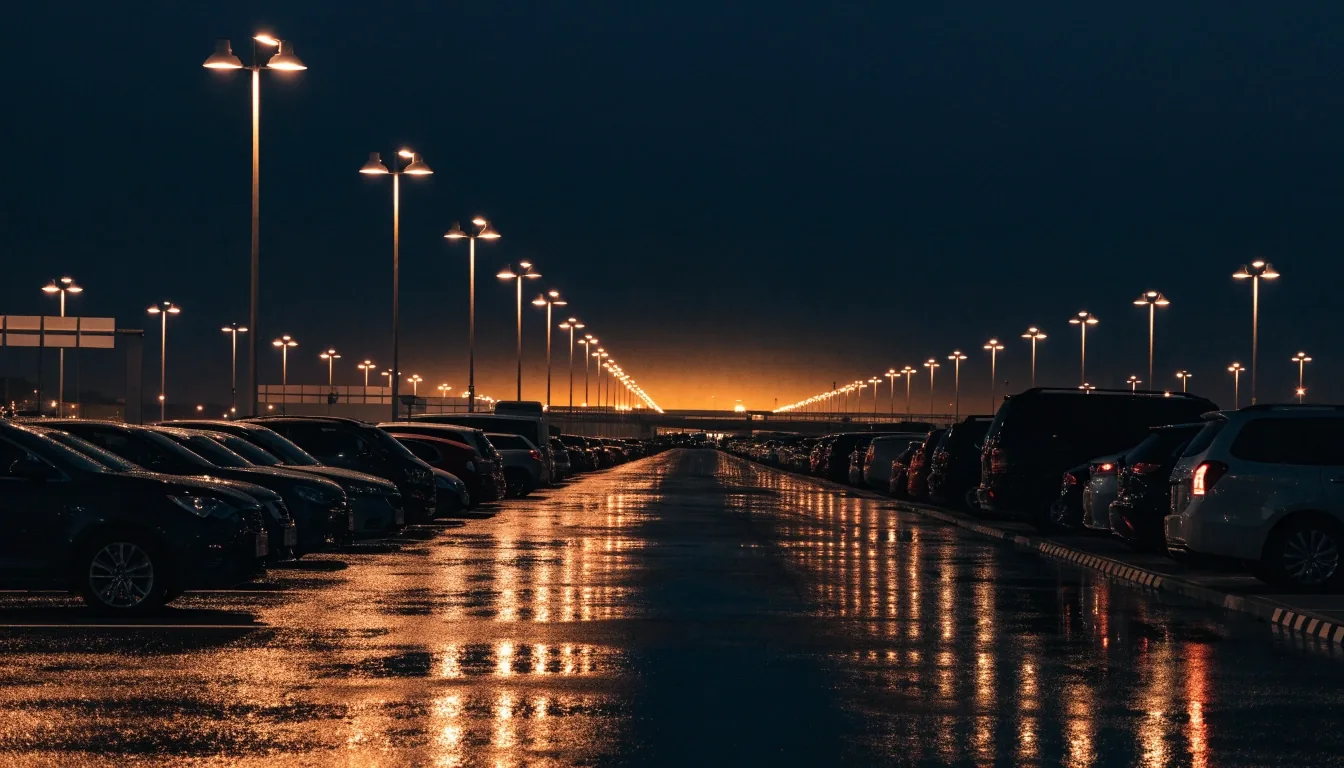 Open value parking lot at night with rows of amber lights