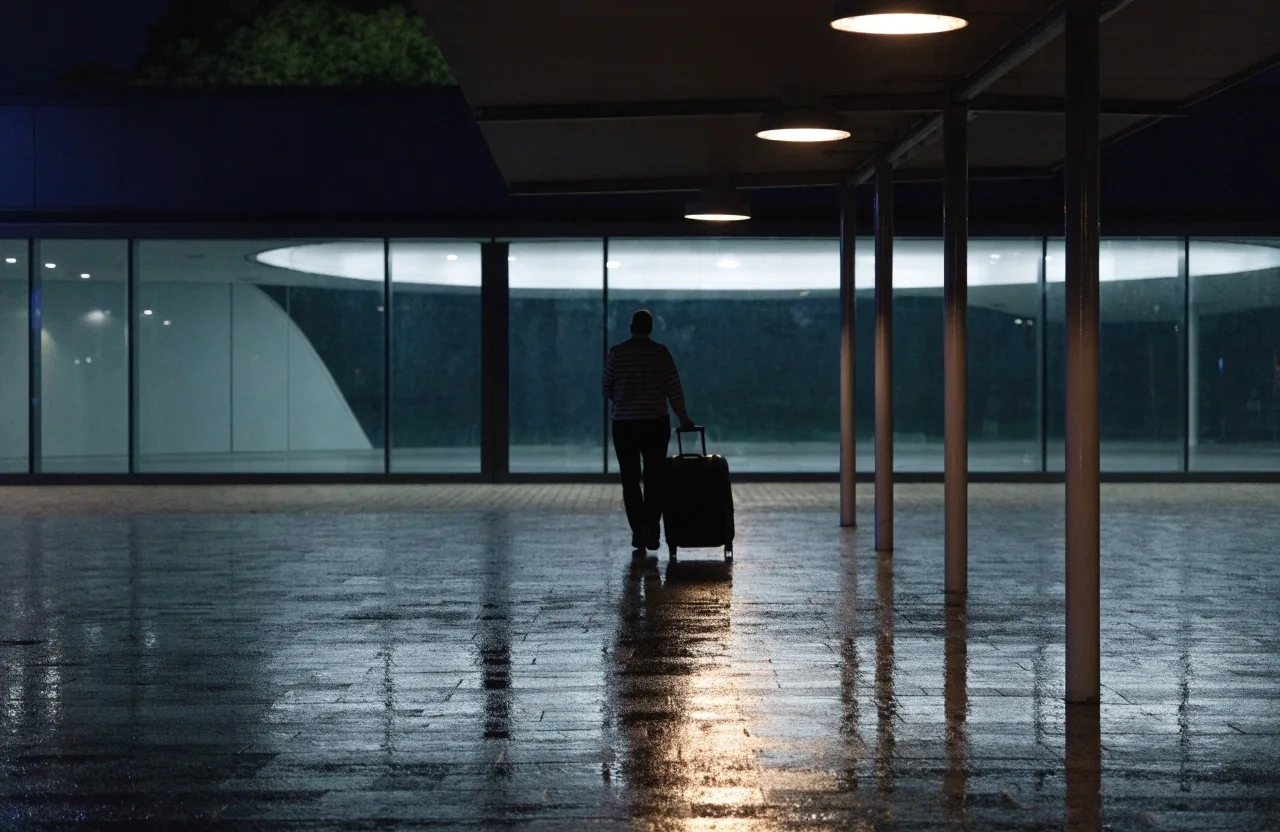 Covered walkway linking terminal parking to the terminal at night