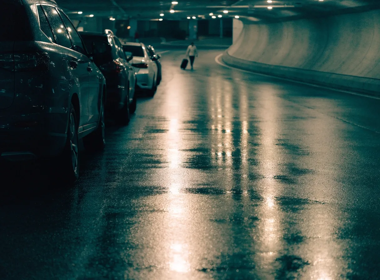 Lit parking ramp interior with wet concrete at night