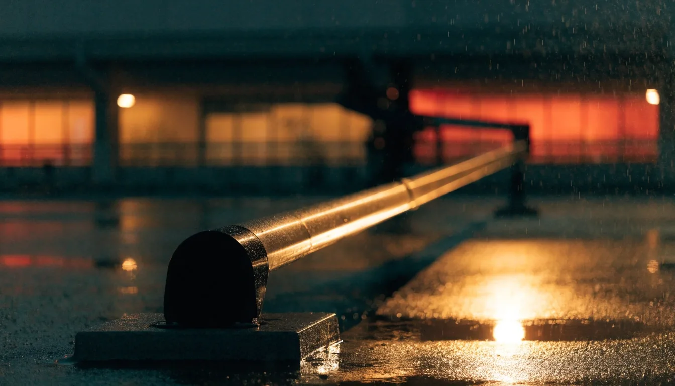 Parking entry boom gate lifting on a wet apron at night