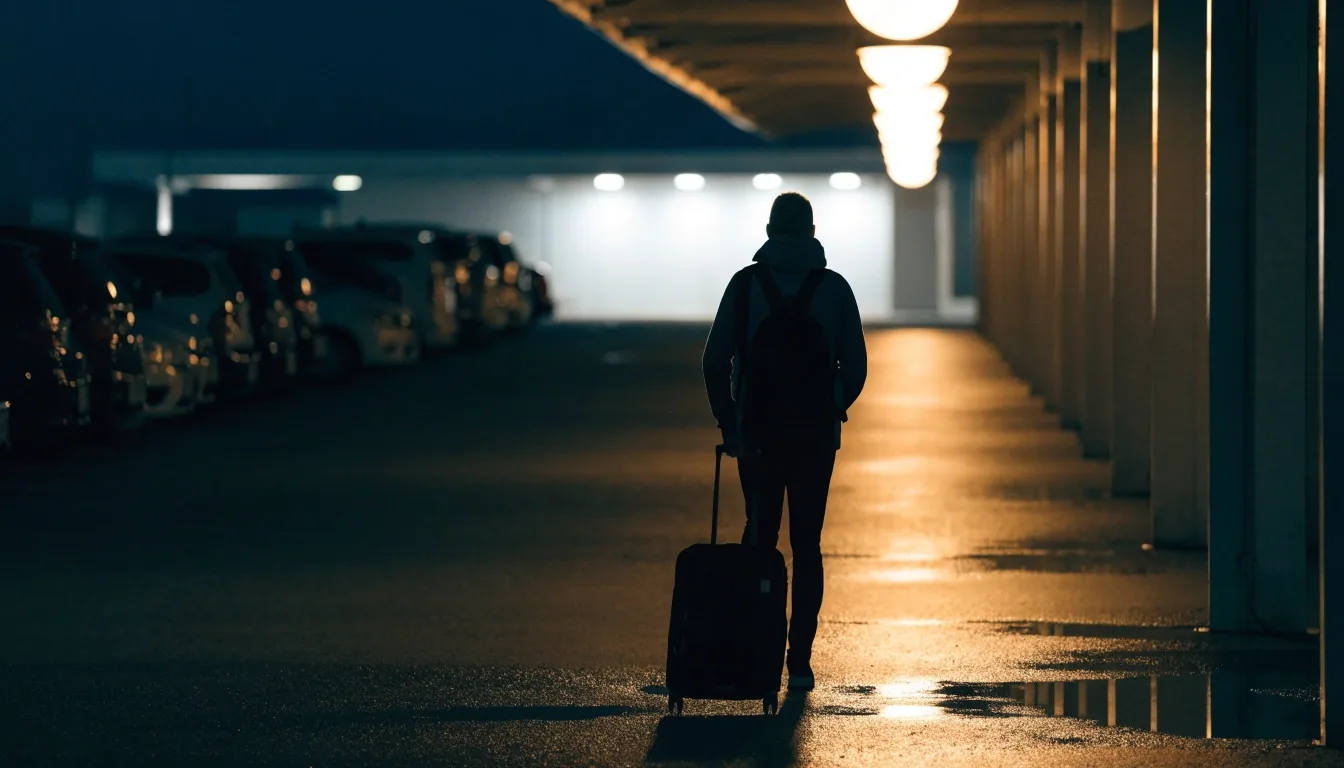 Quiet pedestrian walkway between car park and terminal at night