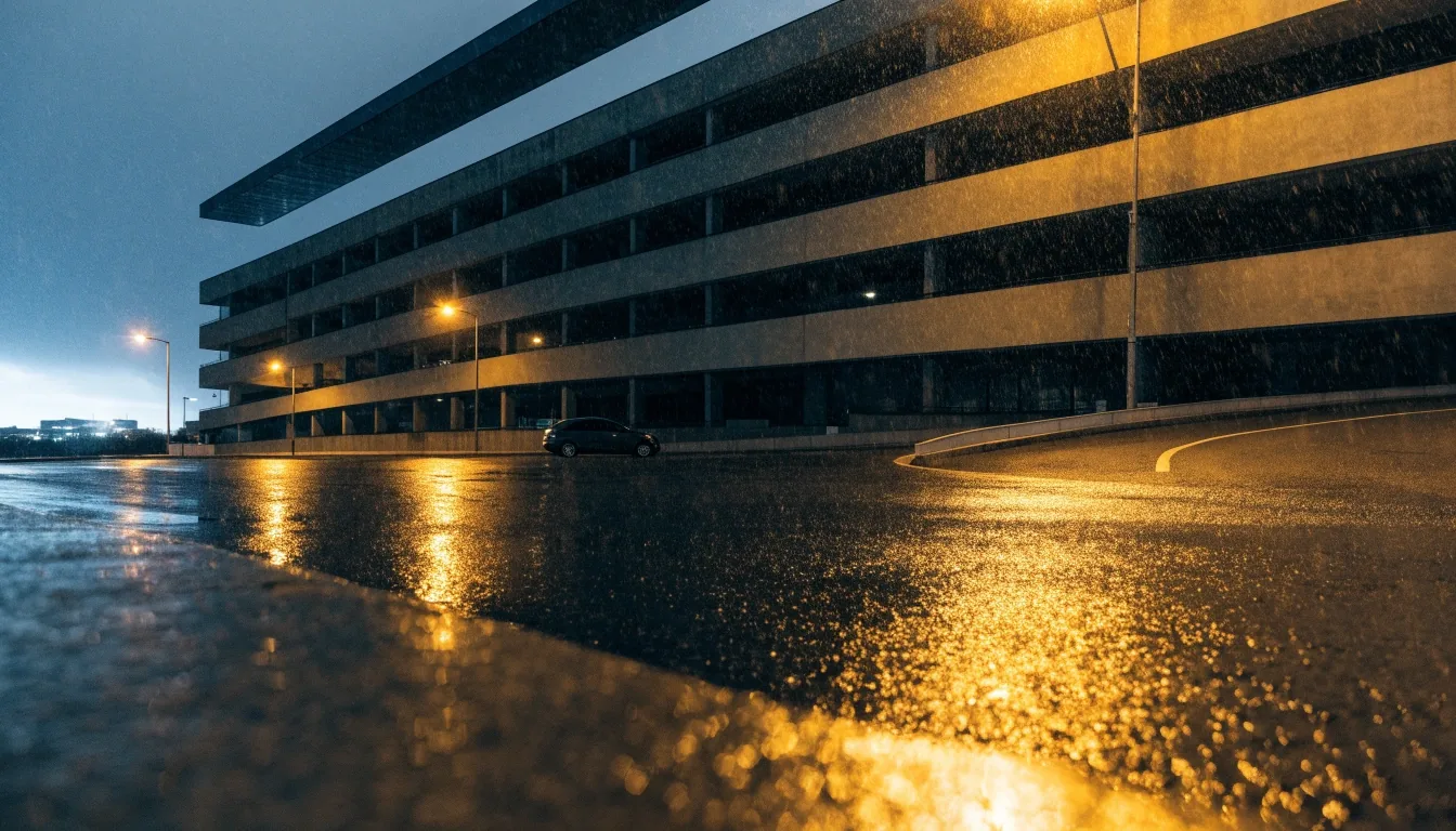 Terminal car park glowing amber across a wet approach road at night