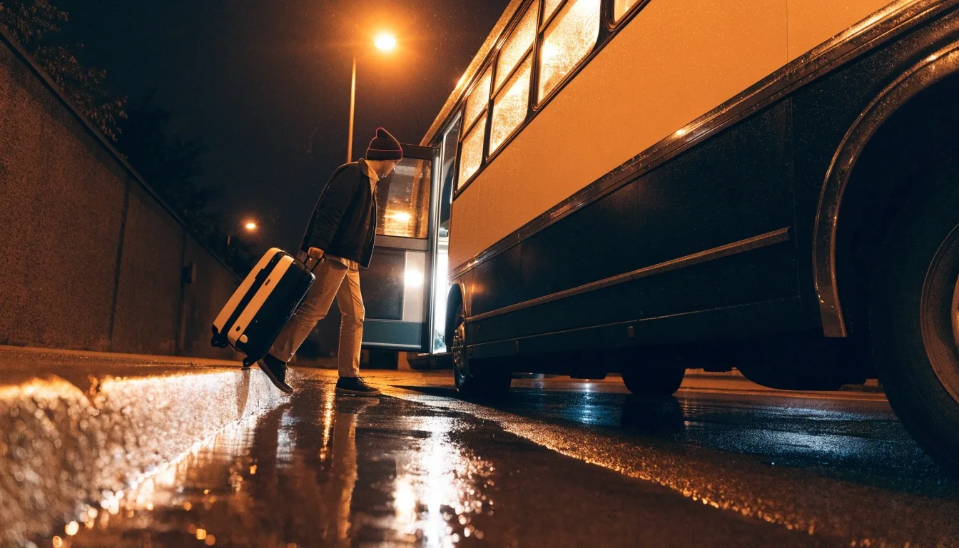 Airport shuttle bus at night kerb with traveller boarding