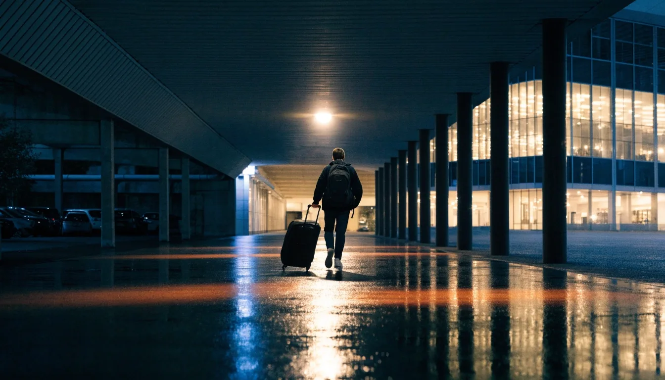 Night walkway between car park and terminal with wet paving