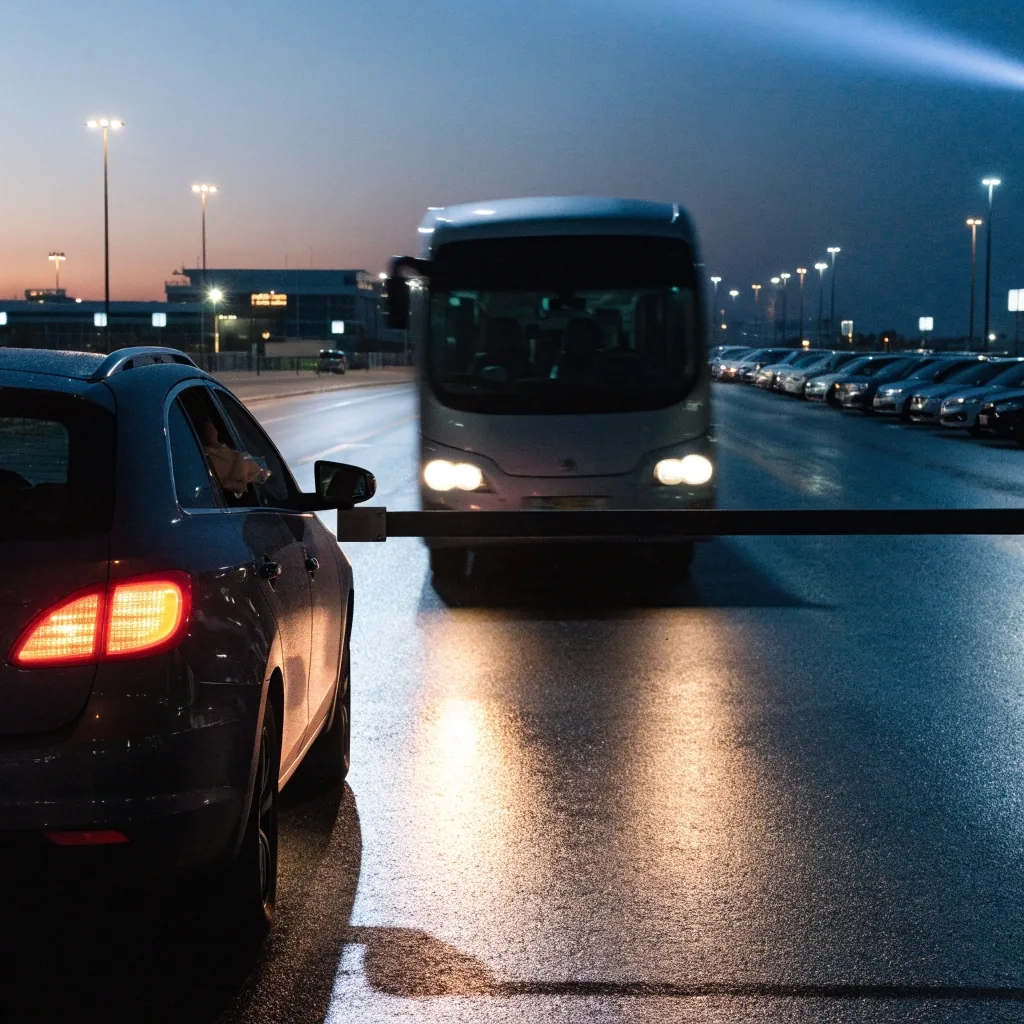 Value North open car park at night with rows of amber lights on wet asphalt